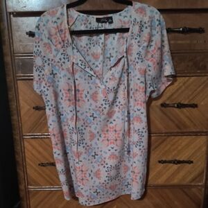Floral Print Tie-Neck Women’s Top - Pink/Blue